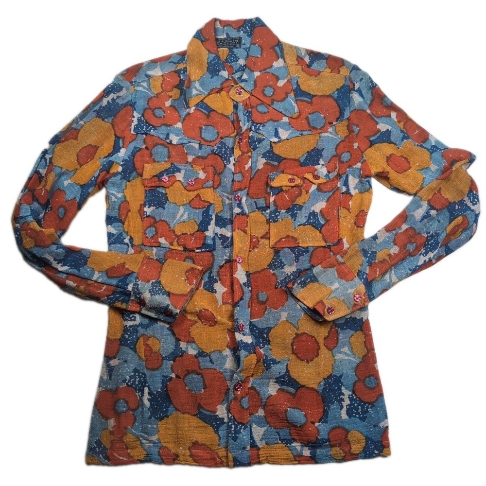Vintage 70s Womens S Psychedelic Floral Shirt Made In India 100% Woven Cotton